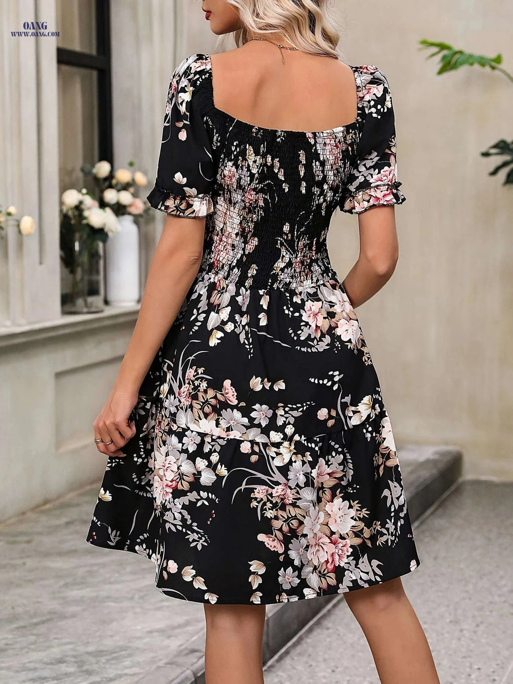 Women's Floral Print Ruffled Dress - Square Neck, Spring/Summer Style   OAXG 