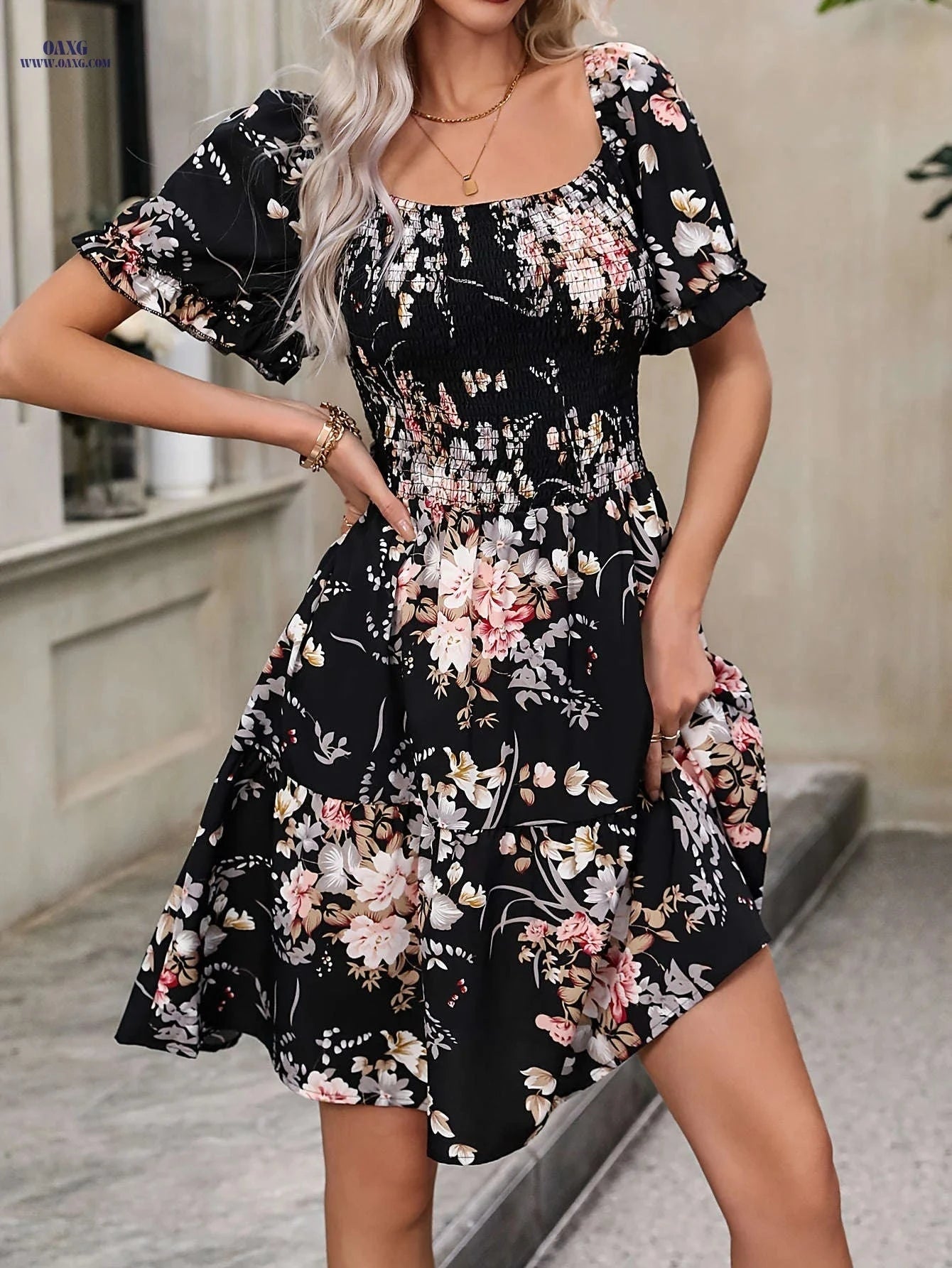 Women's Floral Print Ruffled Dress - Square Neck, Spring/Summer Style   OAXG 