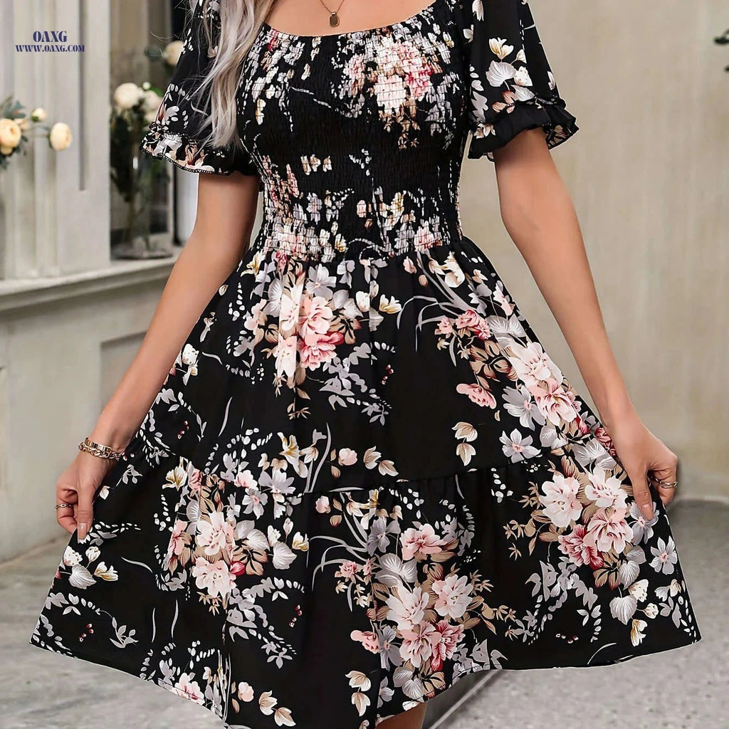 Women's Floral Print Ruffled Dress - Square Neck, Spring/Summer Style   OAXG Black / S