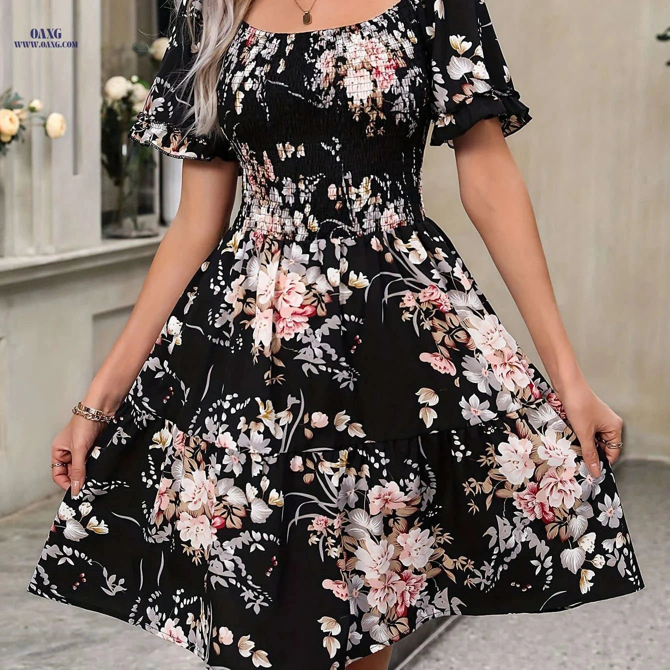 Women's Floral Print Ruffled Dress - Square Neck, Spring/Summer Style   OAXG Black / S