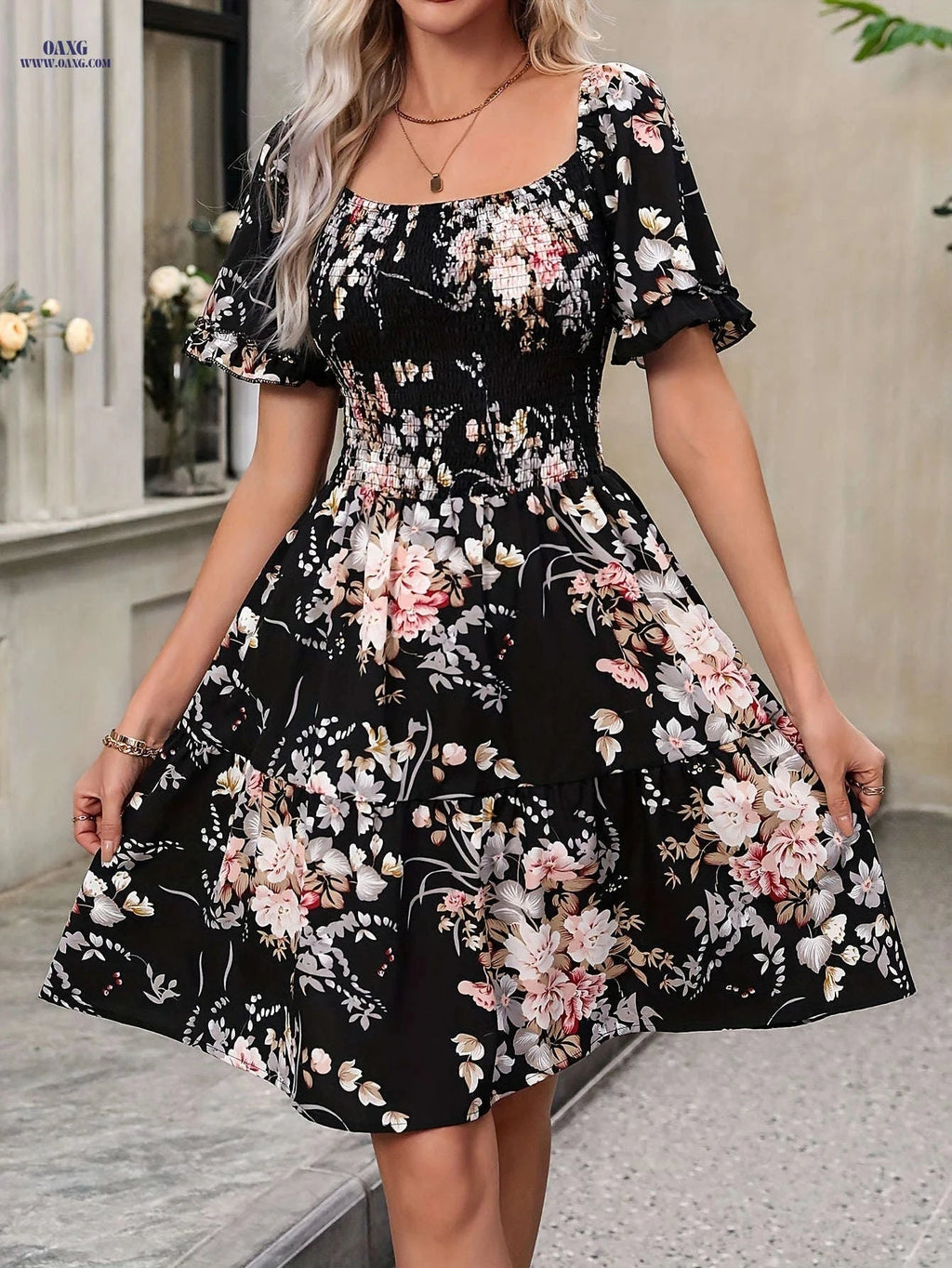 Women's Floral Print Ruffled Dress - Square Neck, Spring/Summer Style   OAXG Black / S