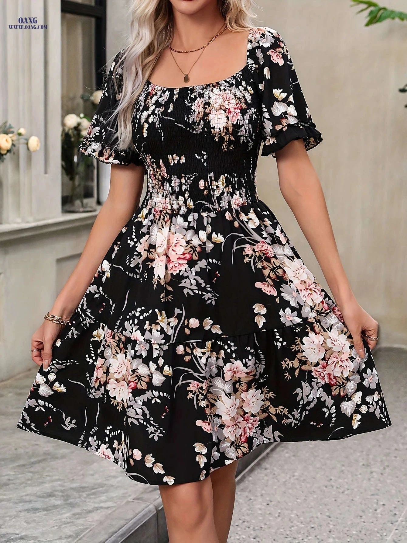 Women's Floral Print Ruffled Dress - Square Neck, Spring/Summer Style   OAXG Black / S