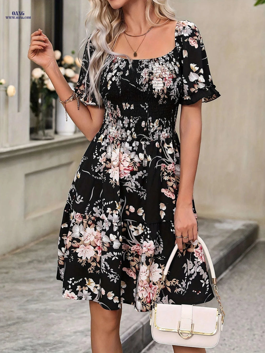 Women's Floral Print Ruffled Dress - Square Neck, Spring/Summer Style   OAXG 