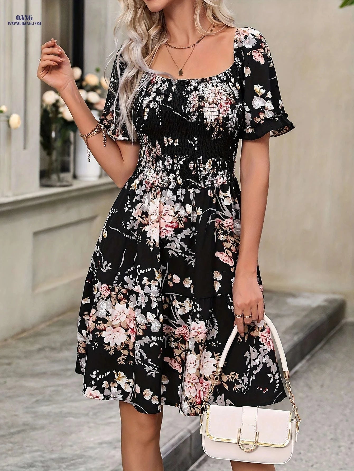 Women's Floral Print Ruffled Dress - Square Neck, Spring/Summer Style   OAXG 