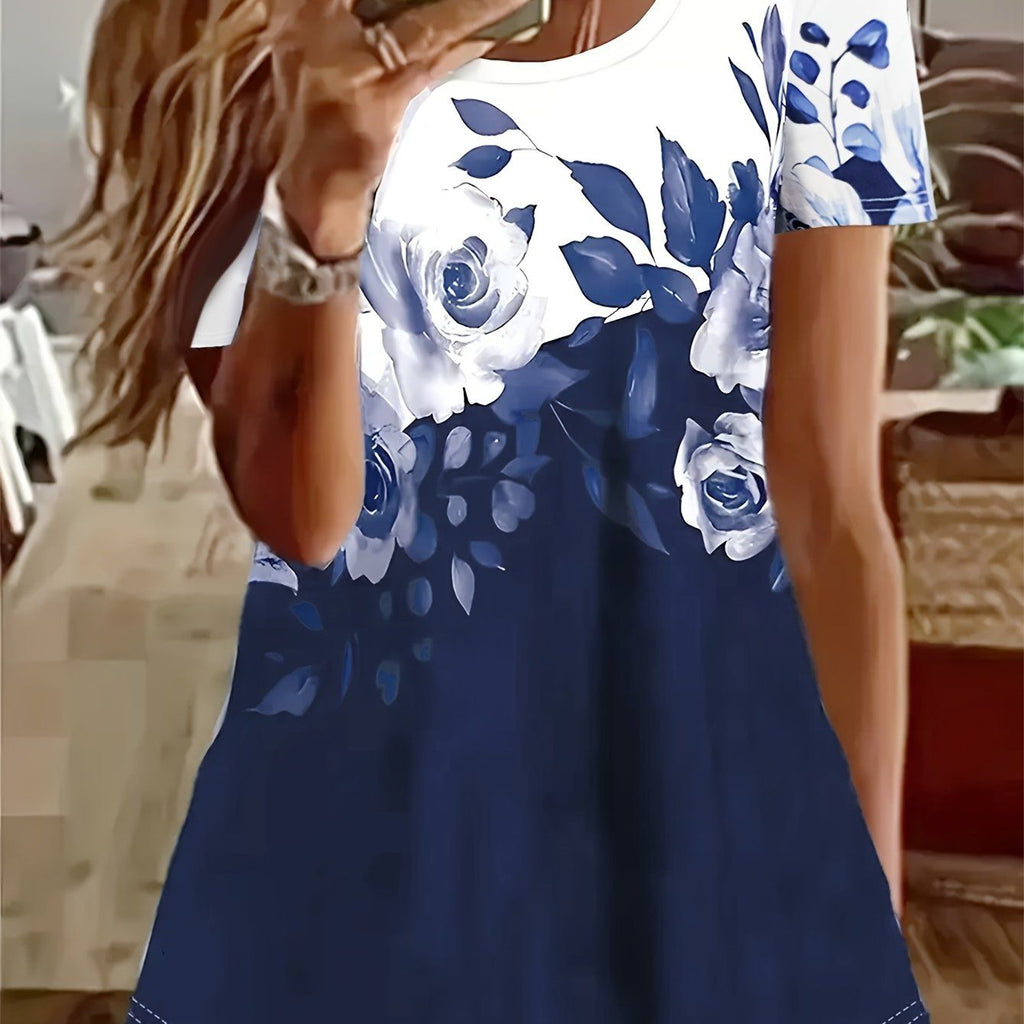 Women'S Floral Print Short Sleeve T-Shirt - Casual Round Neck, Lightweight Summer Top with Vibrant Blue & White Flowers Design, Perfect for Casual Attire   OAXG Mixed colors / S