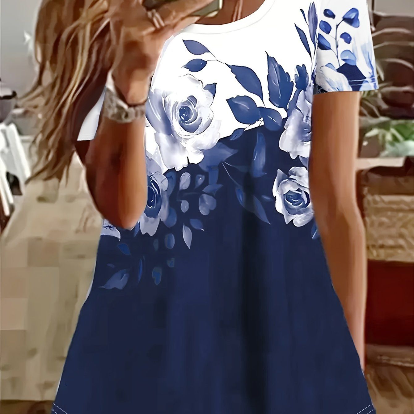 Women'S Floral Print Short Sleeve T-Shirt - Casual Round Neck, Lightweight Summer Top with Vibrant Blue & White Flowers Design, Perfect for Casual Attire   OAXG Mixed colors / S