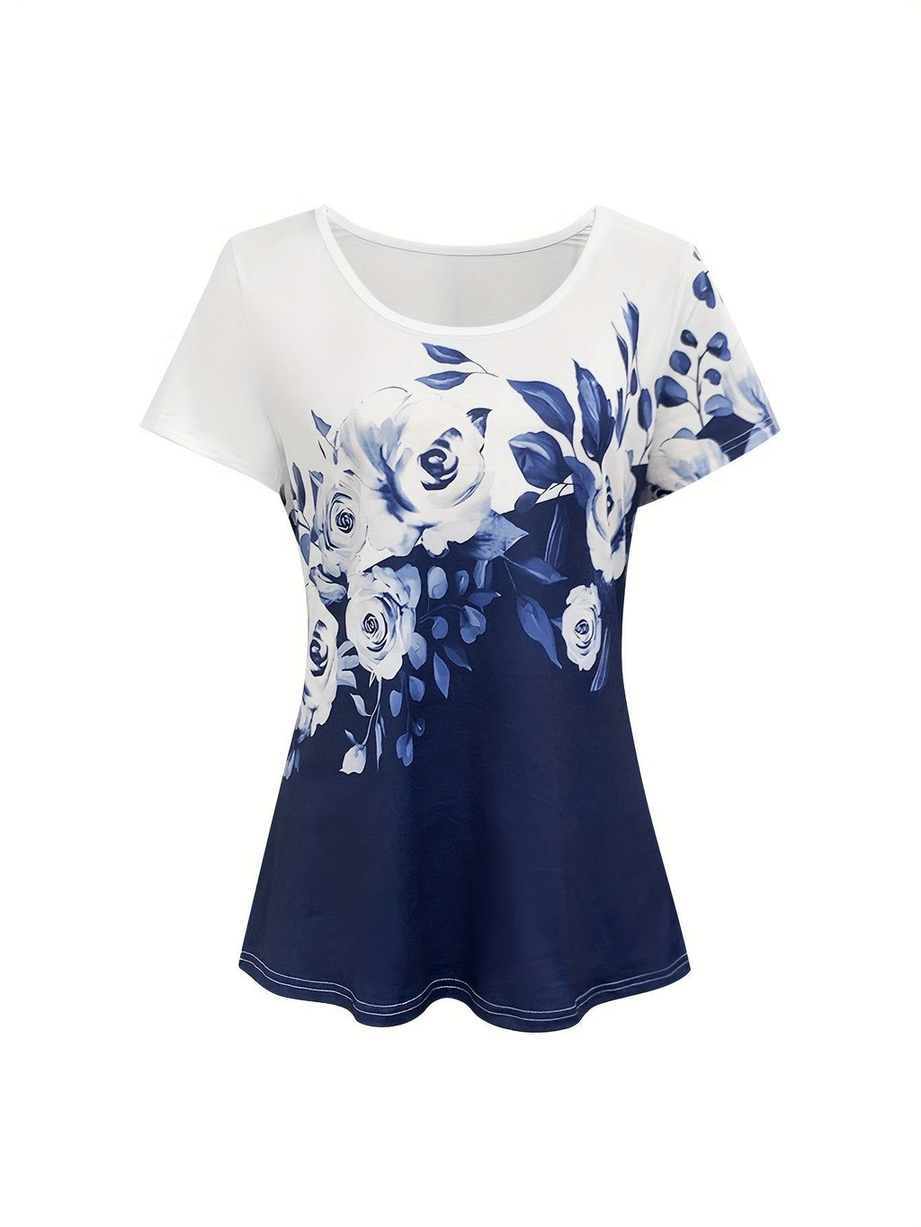 Women'S Floral Print Short Sleeve T-Shirt - Casual Round Neck, Lightweight Summer Top with Vibrant Blue & White Flowers Design, Perfect for Casual Attire   OAXG Mixed colors / S