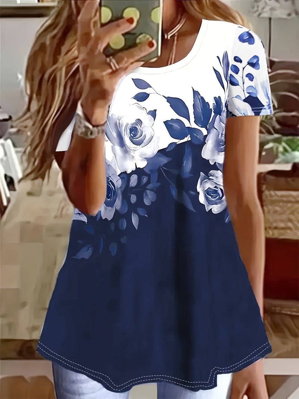 Women'S Floral Print Short Sleeve T-Shirt - Casual Round Neck, Lightweight Summer Top with Vibrant Blue & White Flowers Design, Perfect for Casual Attire   OAXG Mixed colors / S