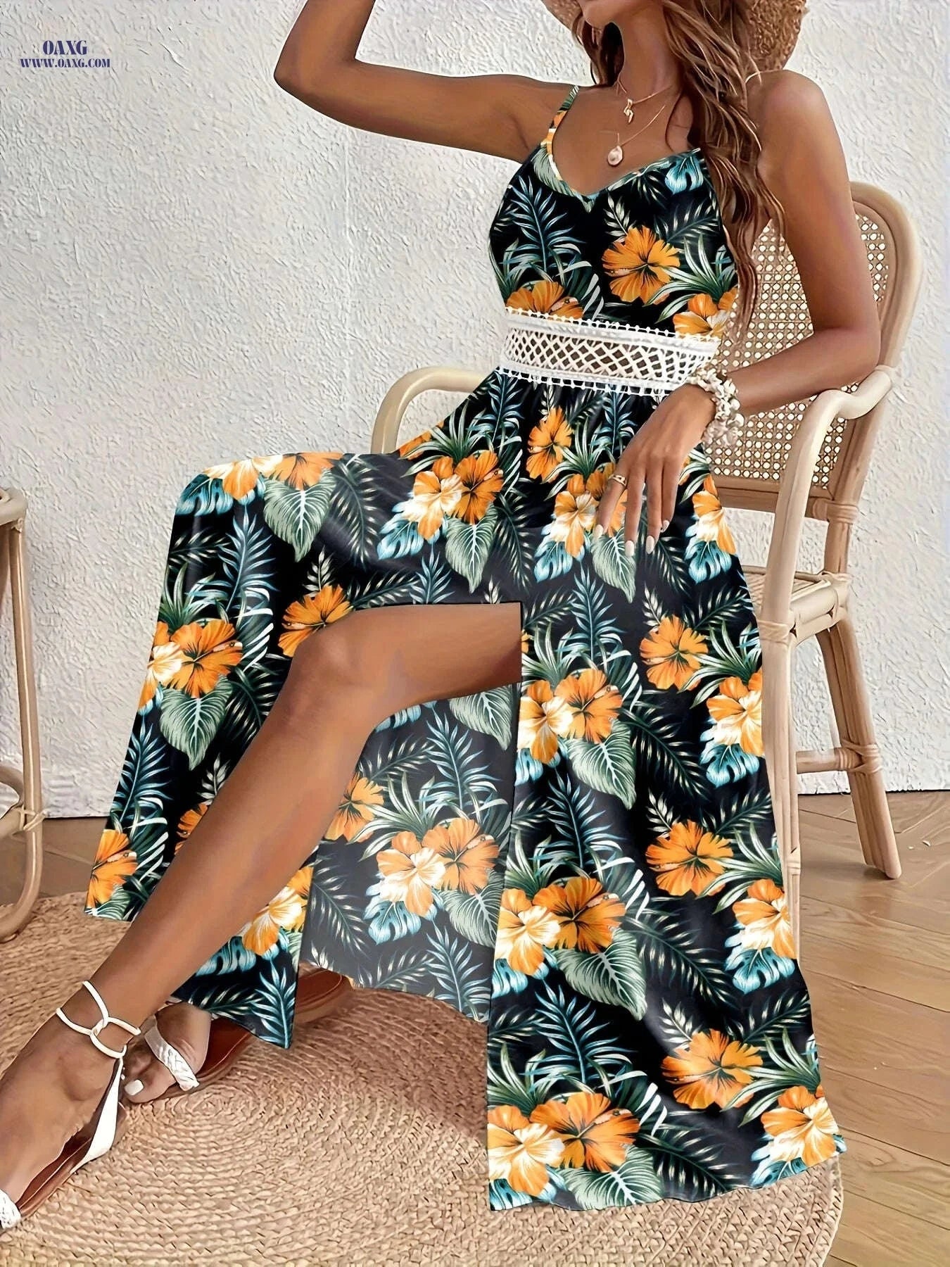 Women's Floral Print Sleeveless Maxi Dress - V-Neck, High-Low Style   OAXG Olive Green / S