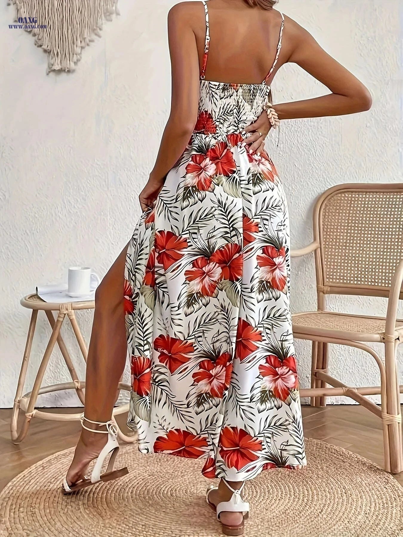 Women's Floral Print Sleeveless Maxi Dress - V-Neck, High-Low Style   OAXG Olive Green / S