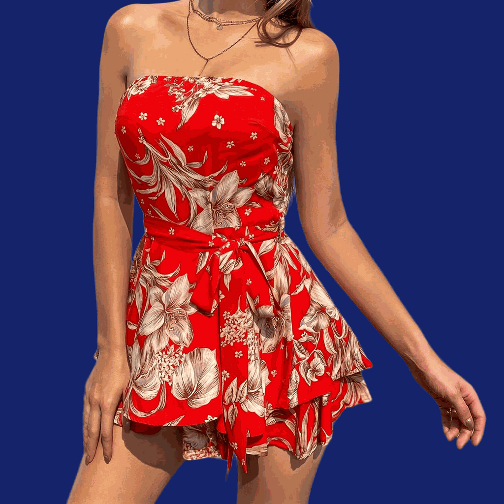 Women's Floral Print Strapless Mini Dress - Lightweight Summer Party Wear   OAXG Black Flower / XS