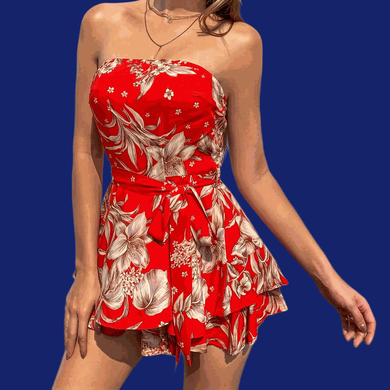 Women's Floral Print Strapless Mini Dress - Lightweight Summer Party Wear   OAXG Black Flower / XS
