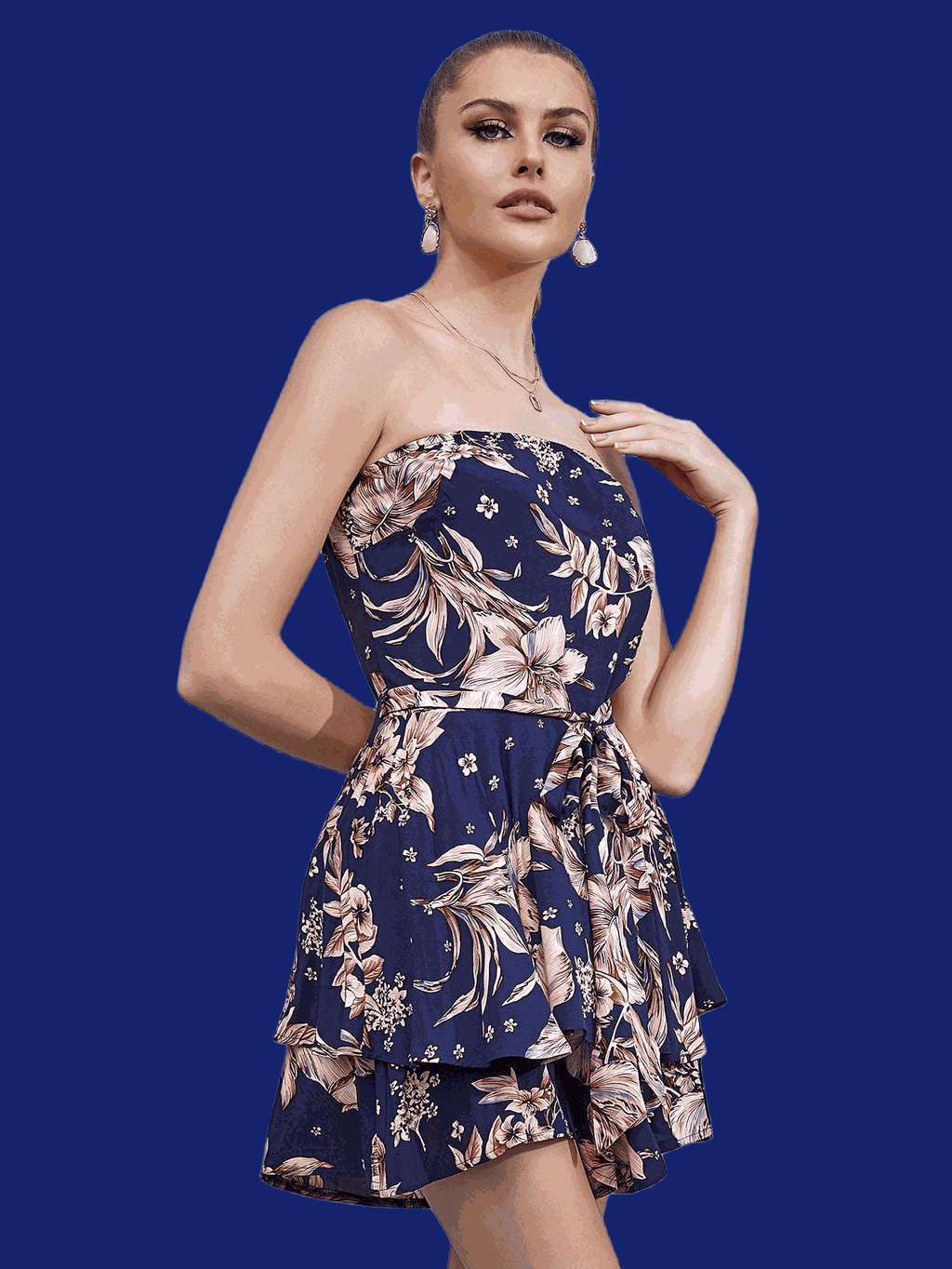 Women's Floral Print Strapless Mini Dress - Lightweight Summer Party Wear   OAXG Black Flower / XS