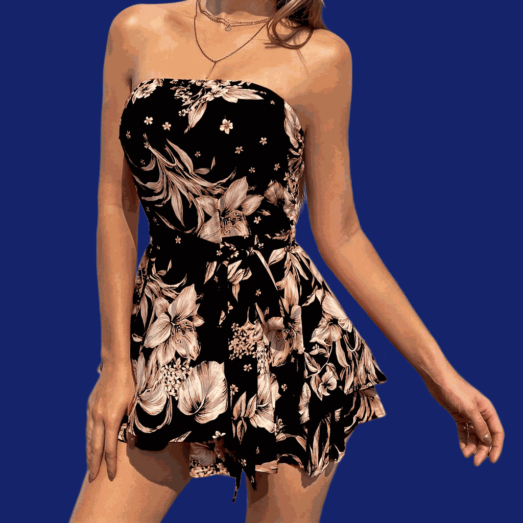 Women's Floral Print Strapless Mini Dress - Lightweight Summer Party Wear   OAXG Black Flower / XS