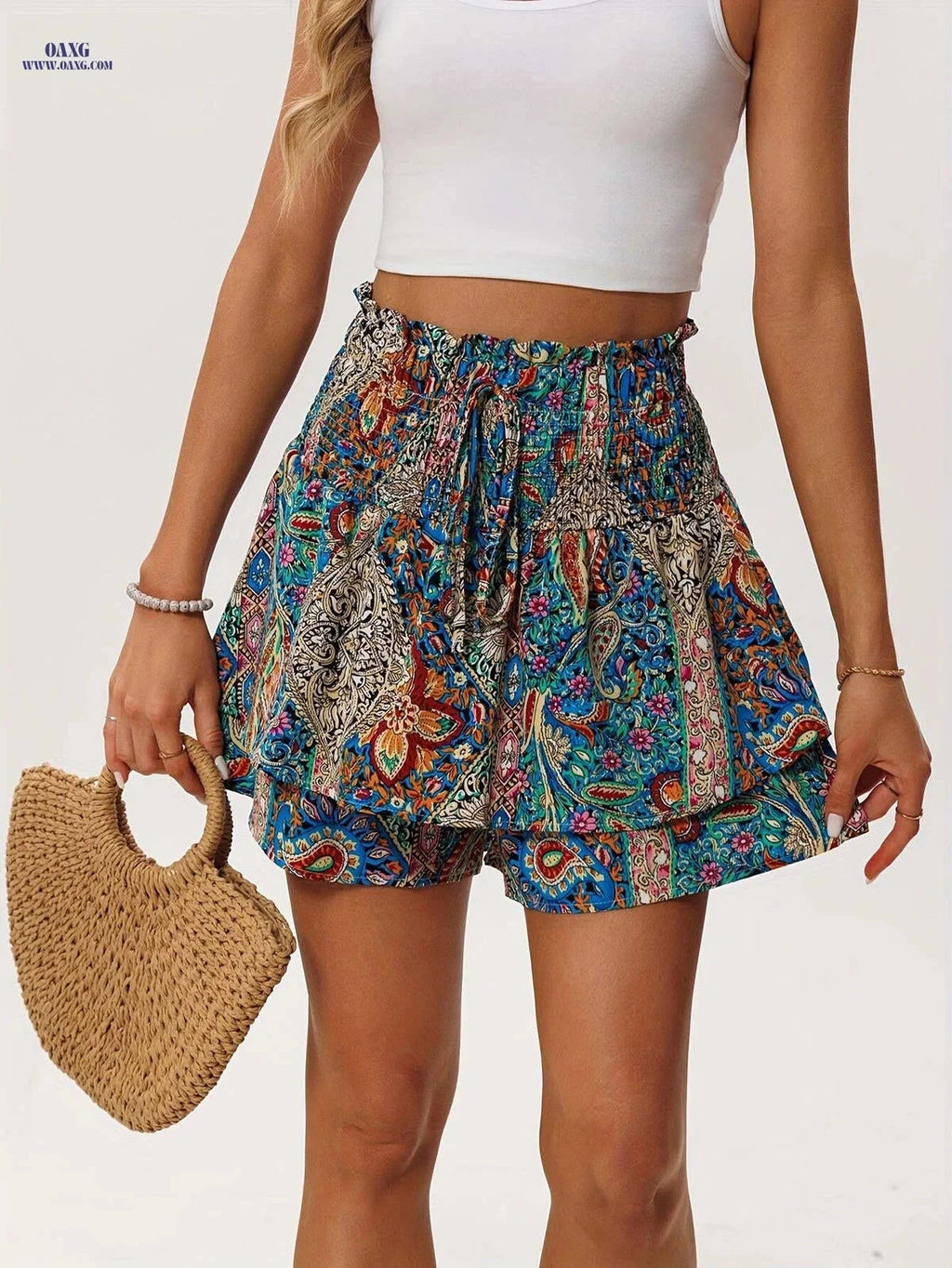 Women's Floral Print Summer Shorts - Lightweight Ruffle Hem Design   OAXG 