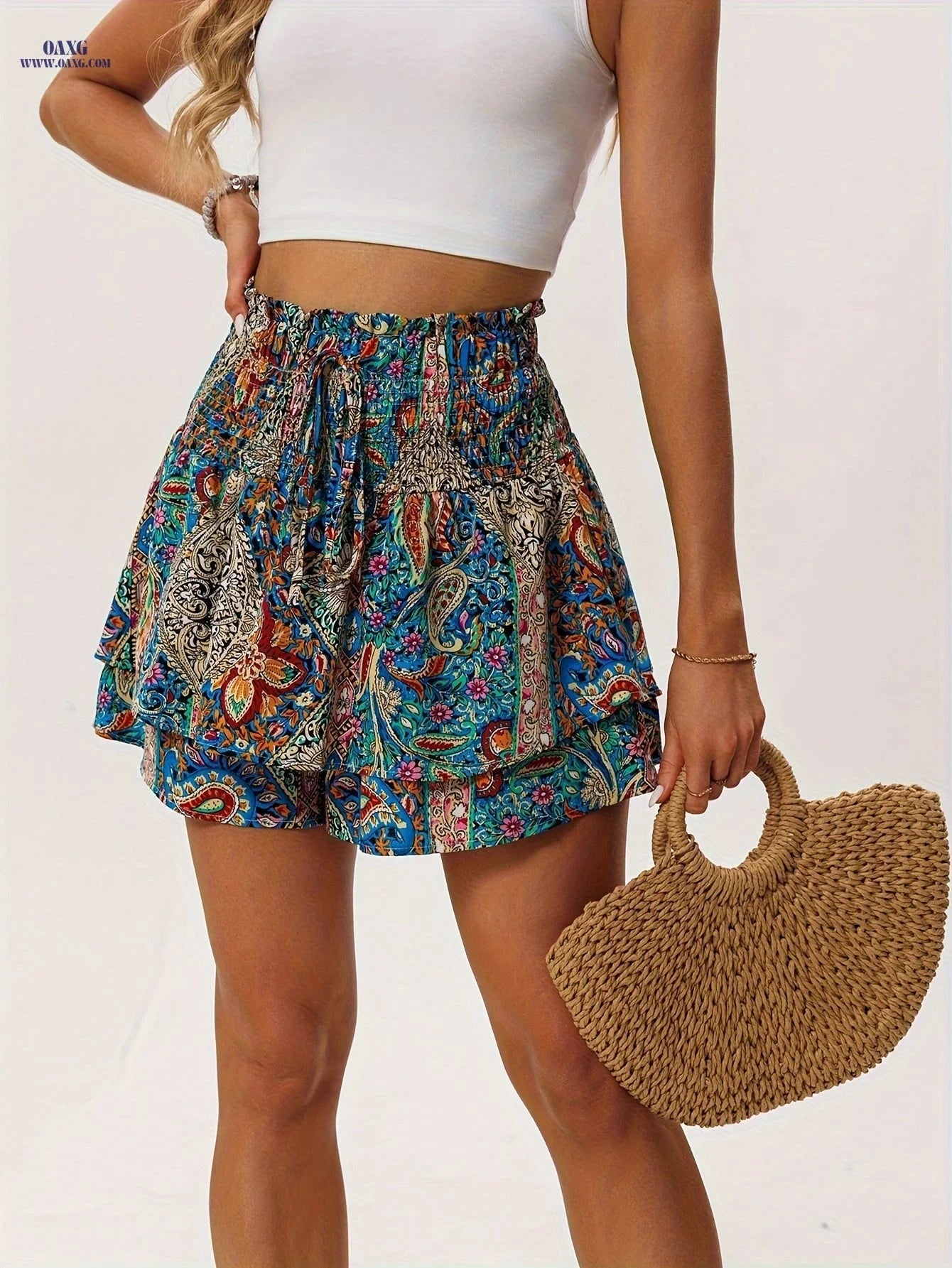 Women's Floral Print Summer Shorts - Lightweight Ruffle Hem Design   OAXG 