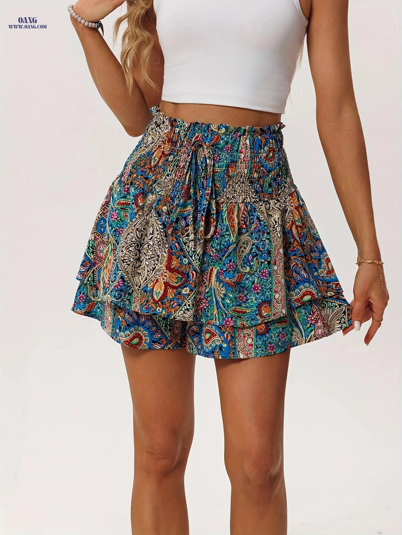 Women's Floral Print Summer Shorts - Lightweight Ruffle Hem Design   OAXG 