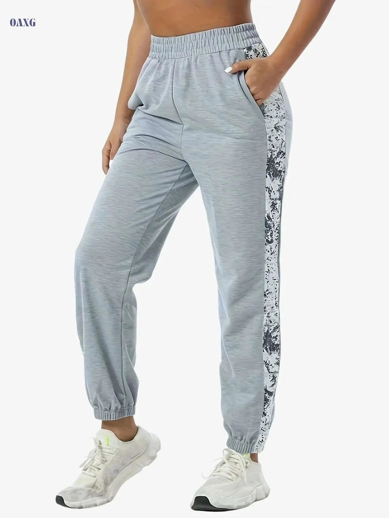 Women's Floral Print Sweatpants - Comfy Polyester, Elastic Waistband   OAXG Light Grey / S