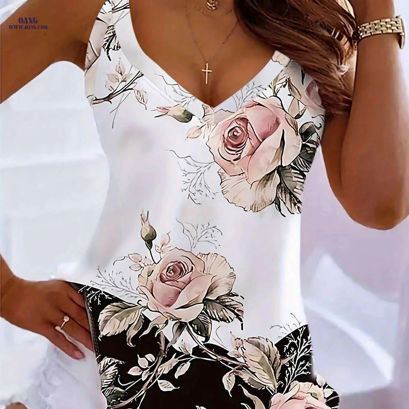 Women's Floral Print V-Neck Summer Top - Lightweight and Chic Style   OAXG 