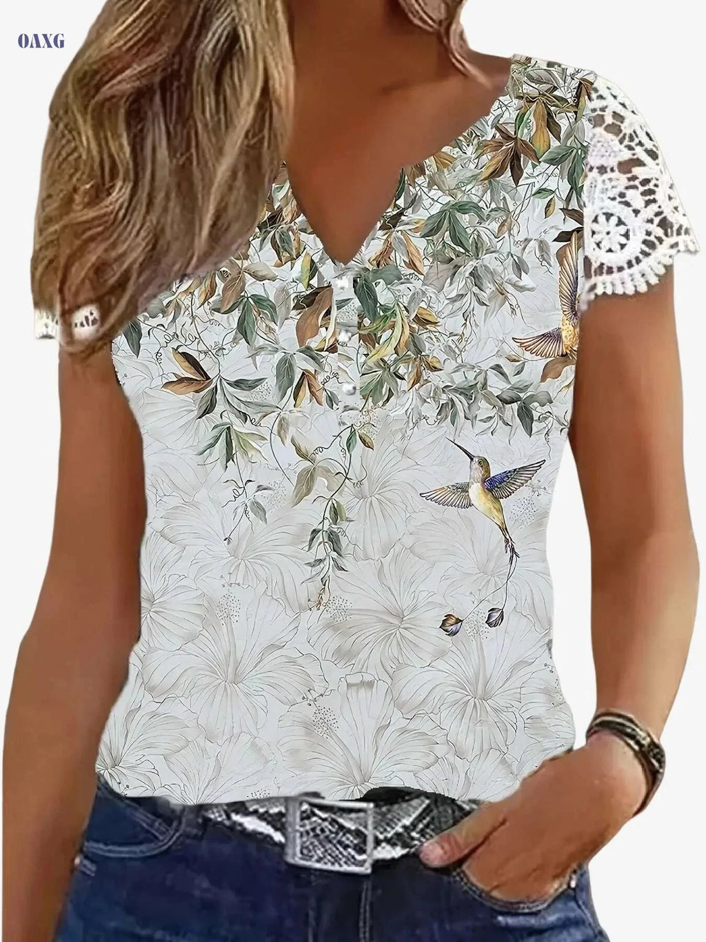Women's Floral Print V-Neck T-Shirt - Lace Trim Casual Top   OAXG 