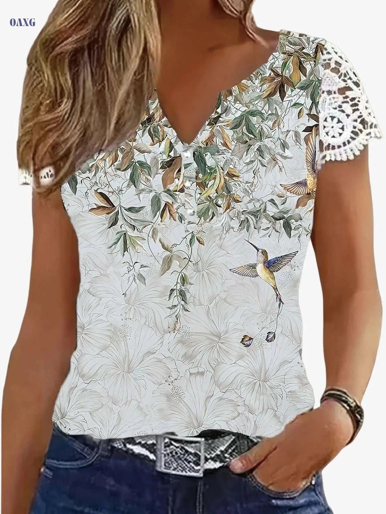 Women's Floral Print V-Neck T-Shirt - Lace Trim Casual Top   OAXG 