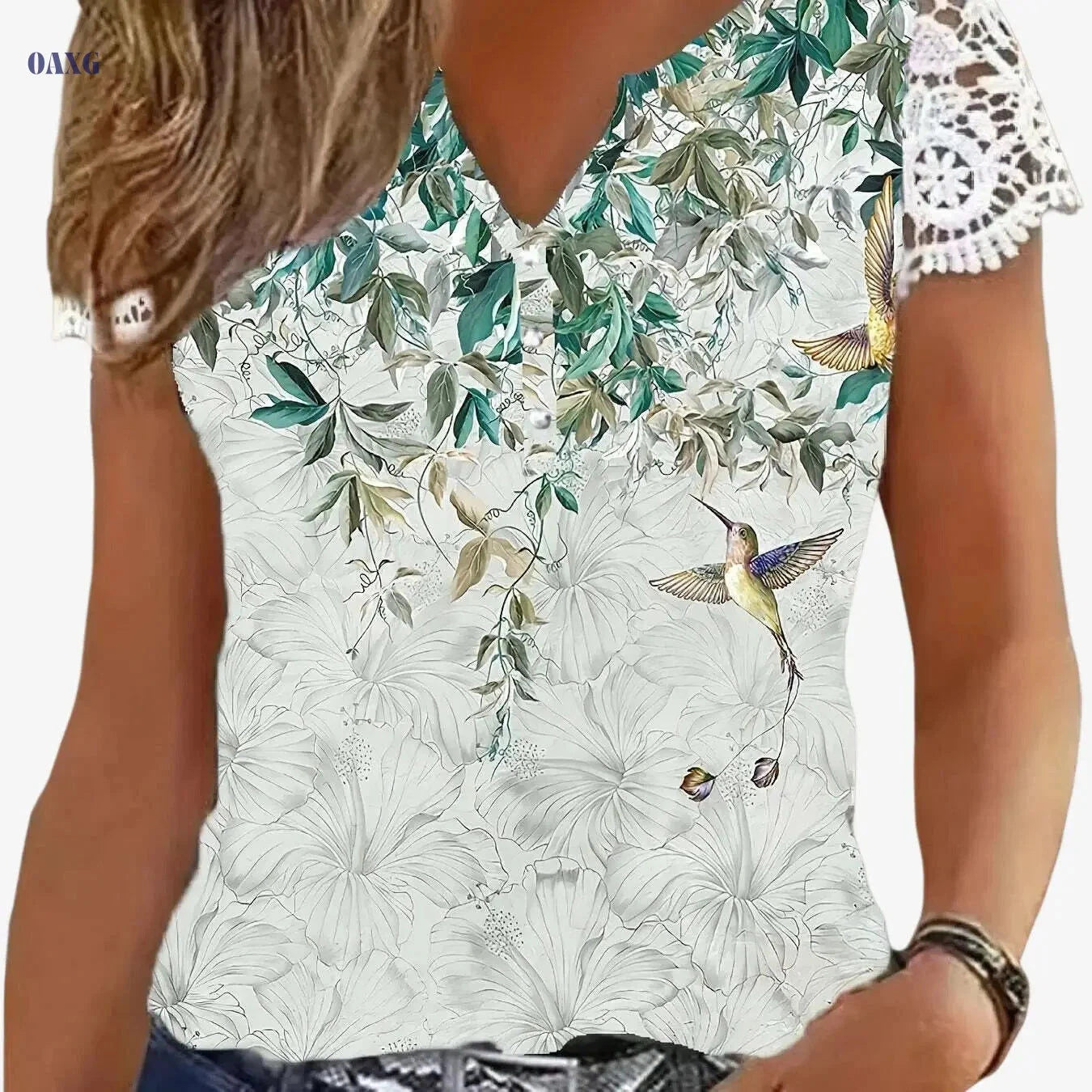 Women's Floral Print V-Neck T-Shirt - Lace Trim Casual Top   OAXG 