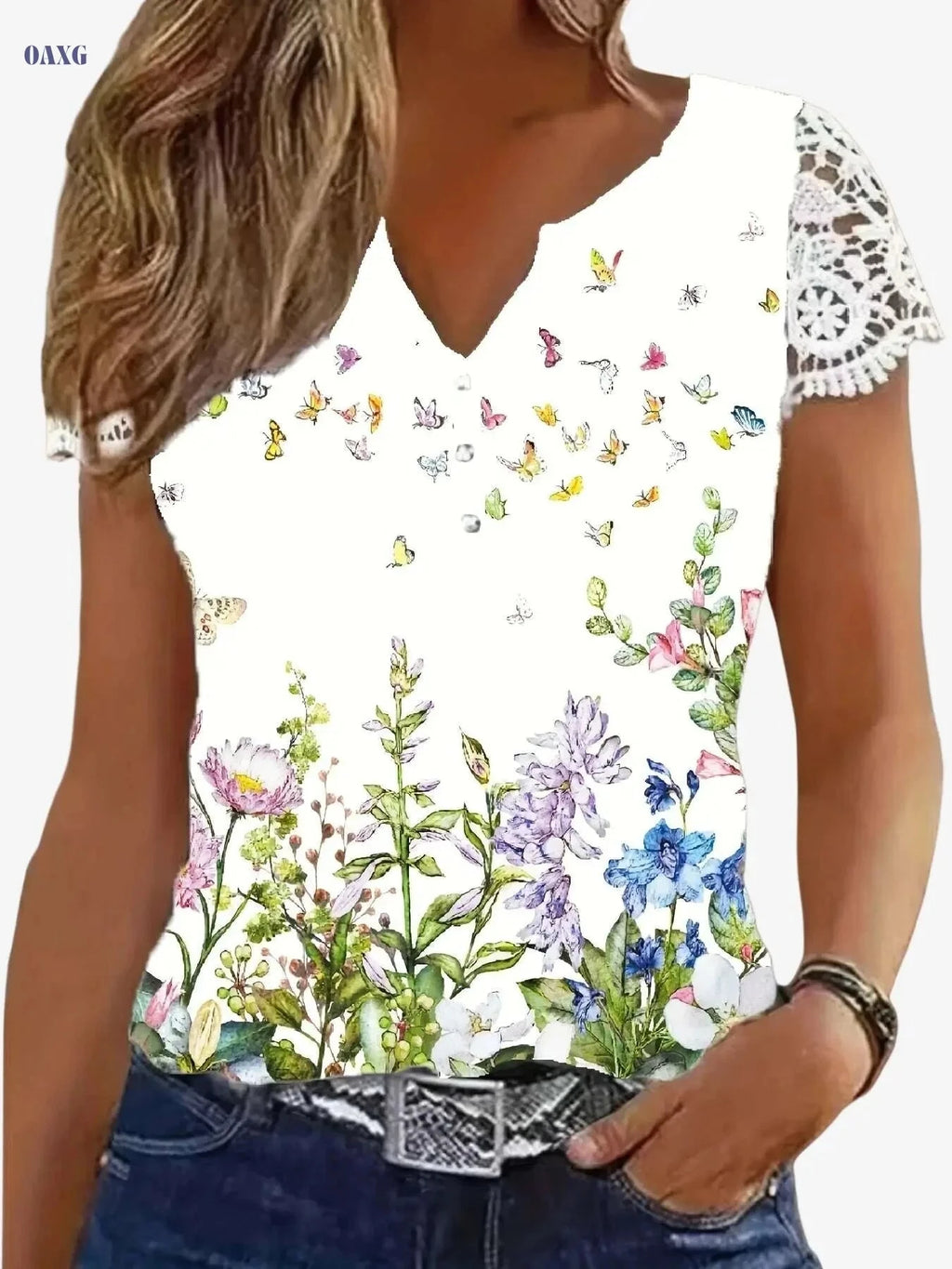 Women's Floral Print V-Neck T-Shirt - Lace Trim Casual Top   OAXG 