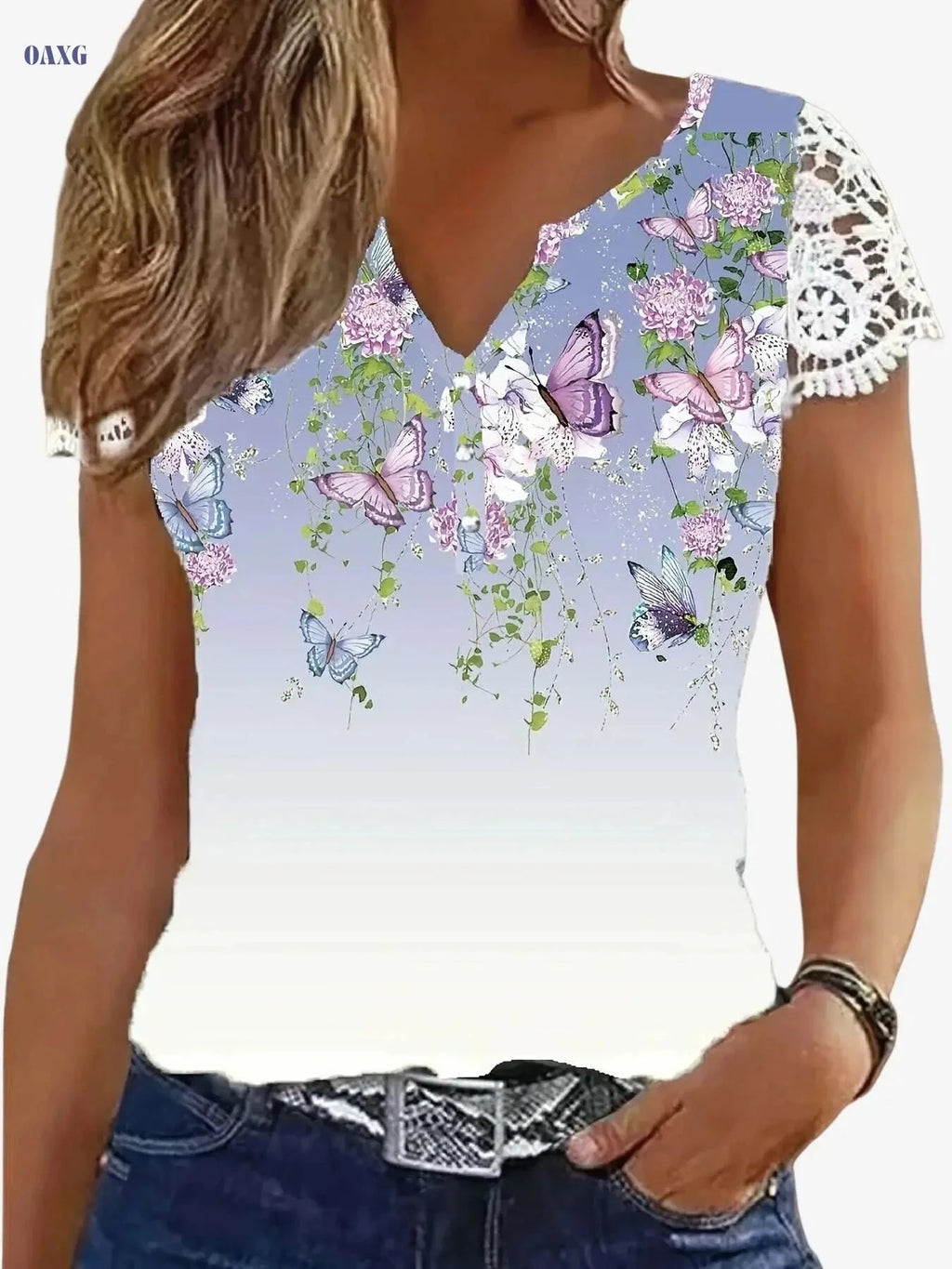 Women's Floral Print V-Neck T-Shirt - Lace Trim Casual Top   OAXG White / S