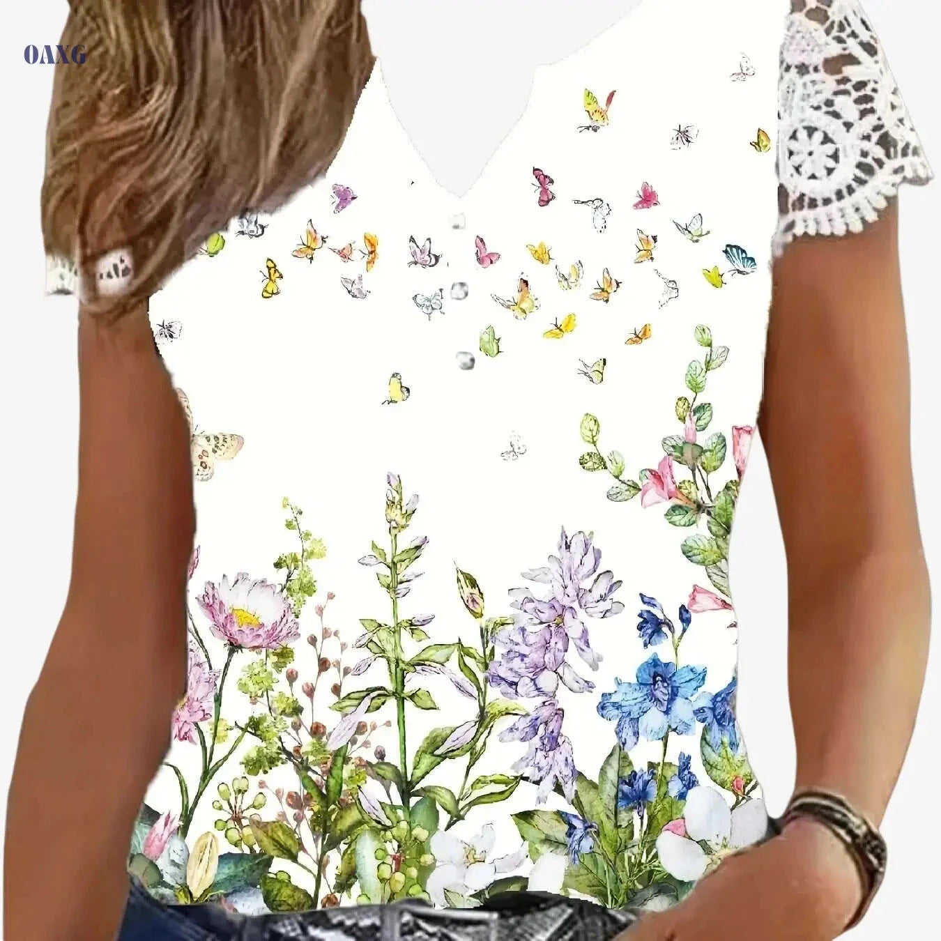 Women's Floral Print V-Neck T-Shirt - Lace Trim Casual Top   OAXG White / S