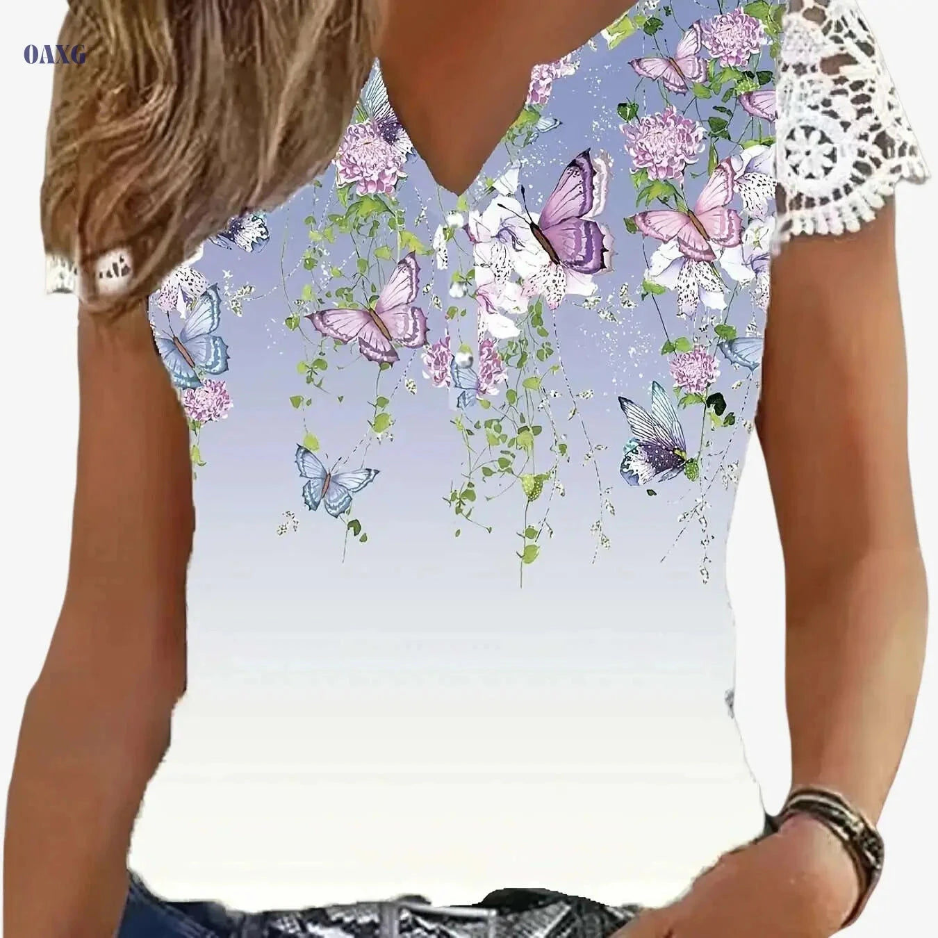 Women's Floral Print V-Neck T-Shirt - Lace Trim Casual Top   OAXG White / S