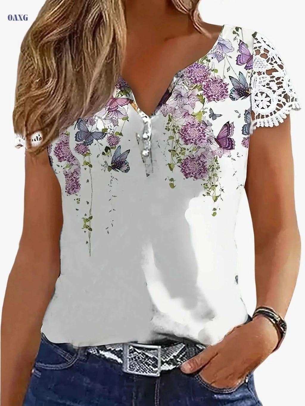 Women's Floral Print V-Neck T-Shirt - Lace Trim Casual Top   OAXG White / S