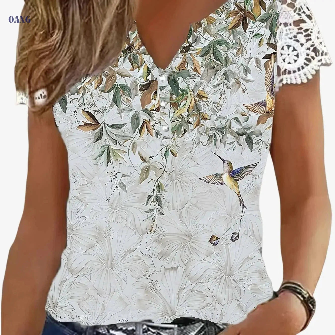 Women's Floral Print V-Neck T-Shirt - Lace Trim Casual Top   OAXG White / S