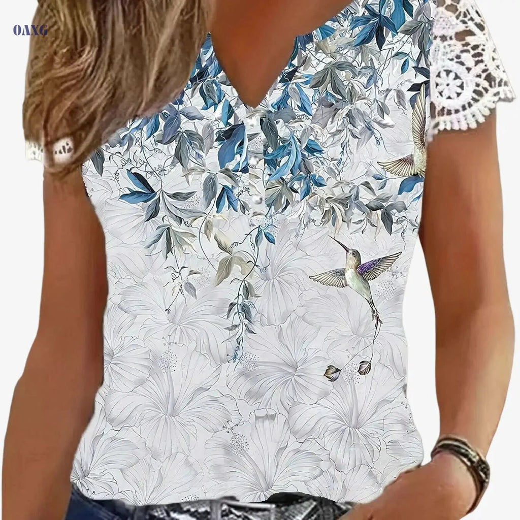 Women's Floral Print V-Neck T-Shirt - Lace Trim Casual Top   OAXG White / S