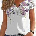 Women's Floral Print V-Neck T-Shirt - Lace Trim Casual Top   OAXG White / S