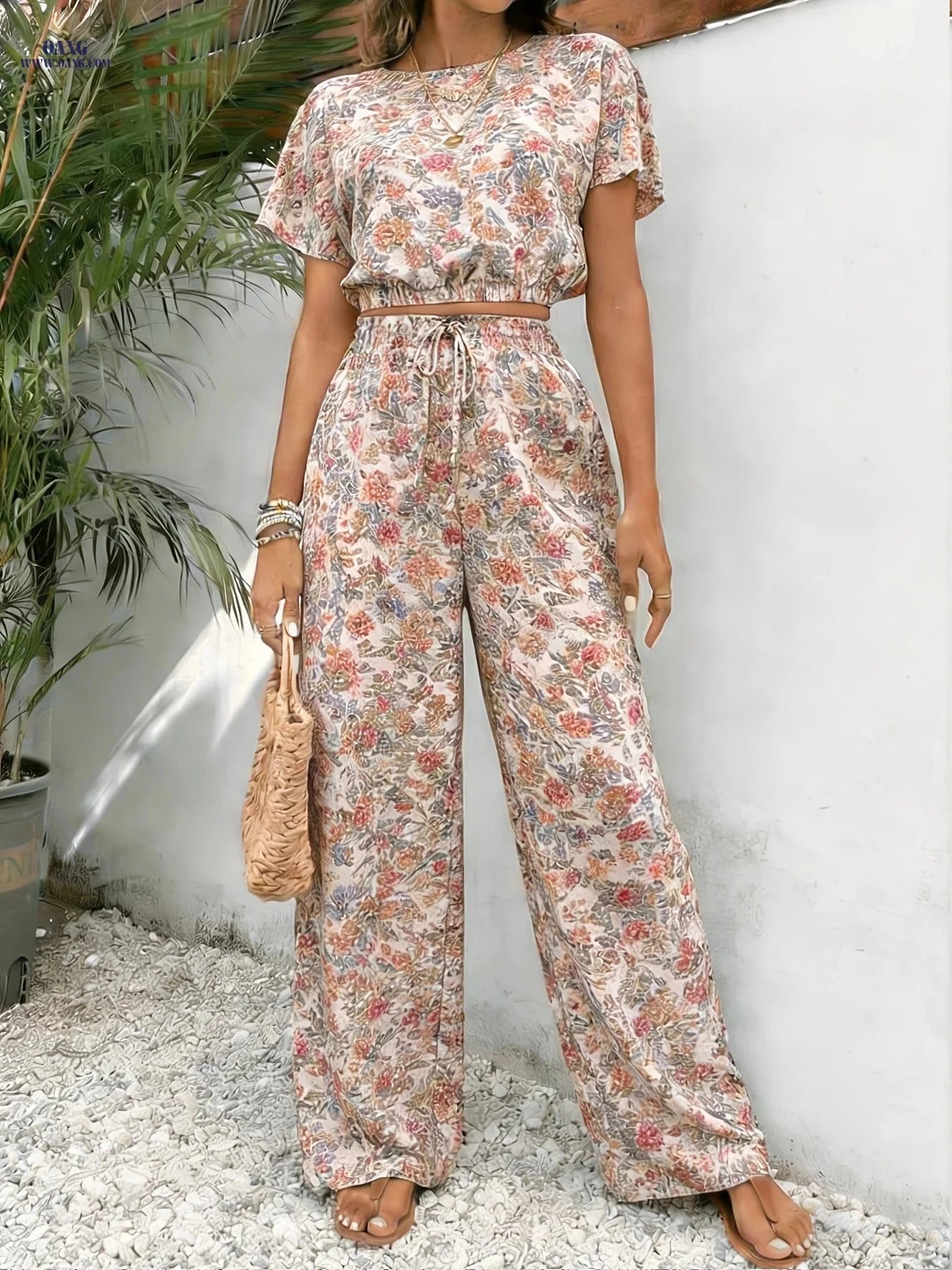 Women's Floral Print Vacation Set - Casual Loose-Fit Top & Pants   OAXG Mixed colors / S