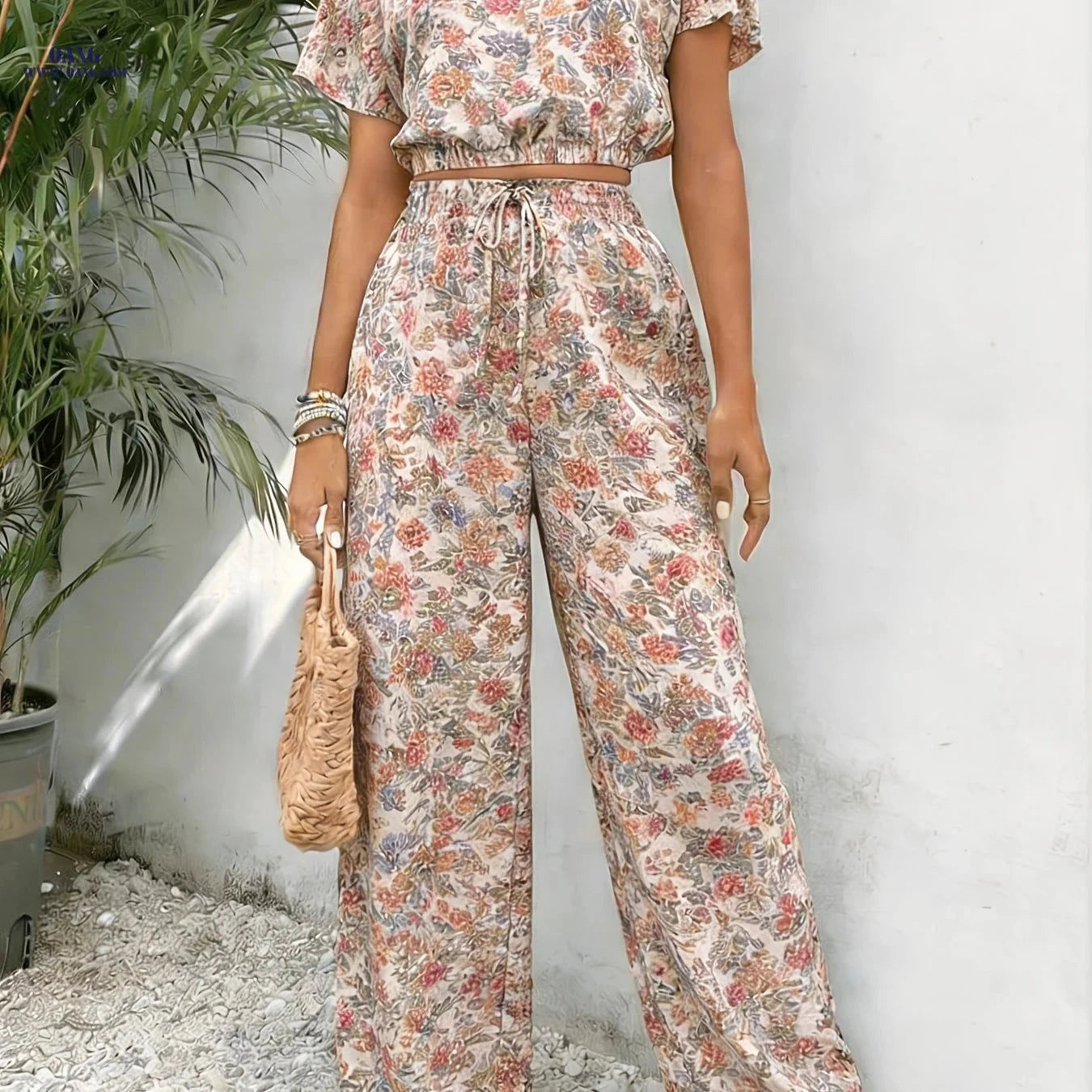Women's Floral Print Vacation Set - Casual Loose-Fit Top & Pants   OAXG Mixed colors / S