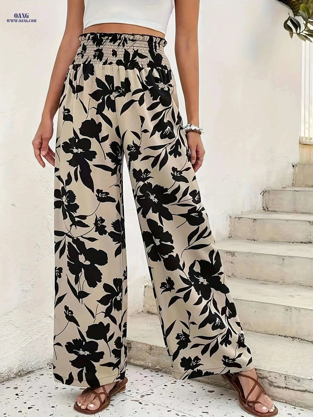 Women's Floral Print Wide-Leg Pants - High-Rise, Casual Style   OAXG Apricot / S