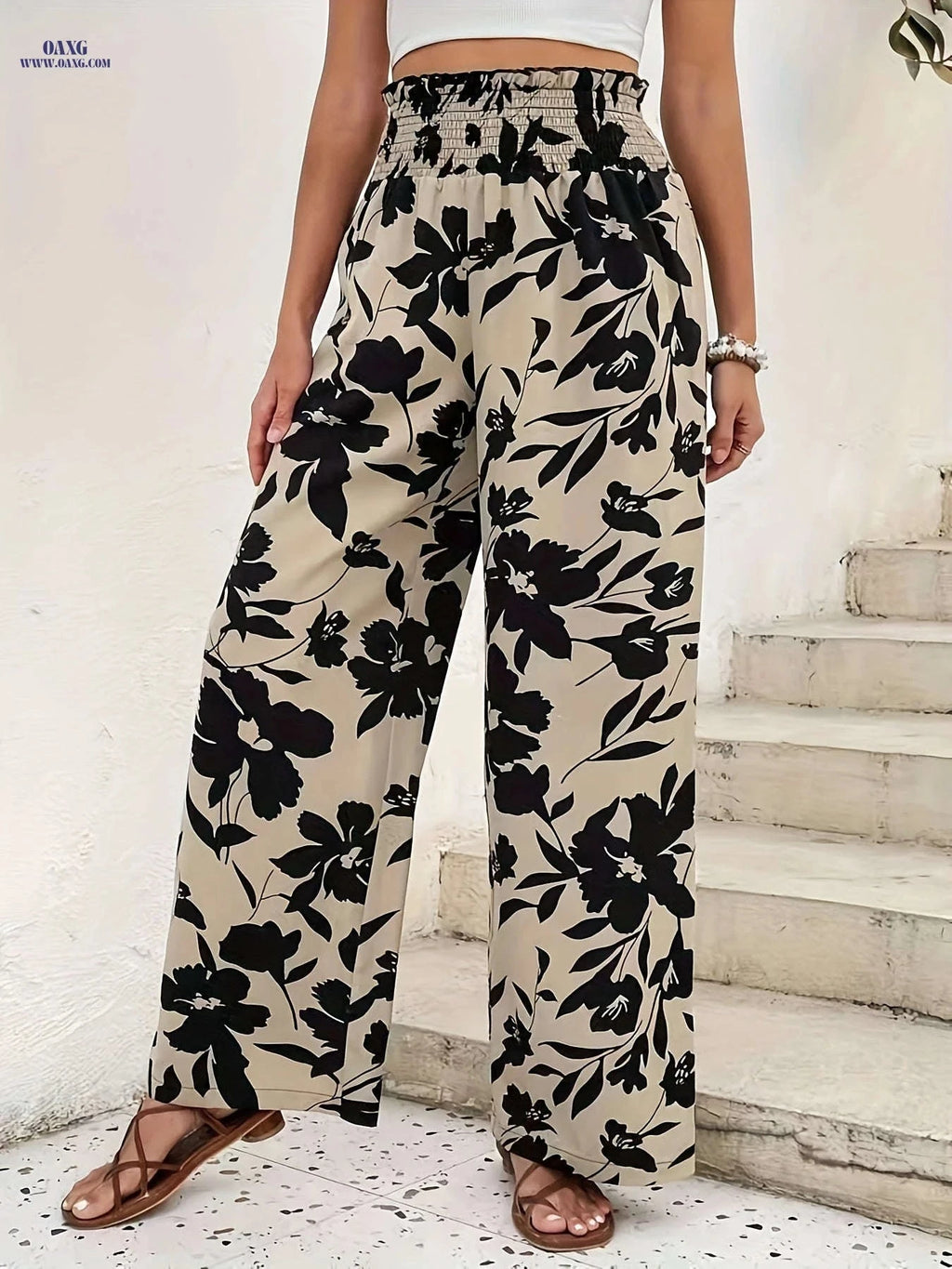 Women's Floral Print Wide-Leg Pants - High-Rise, Casual Style   OAXG Apricot / S