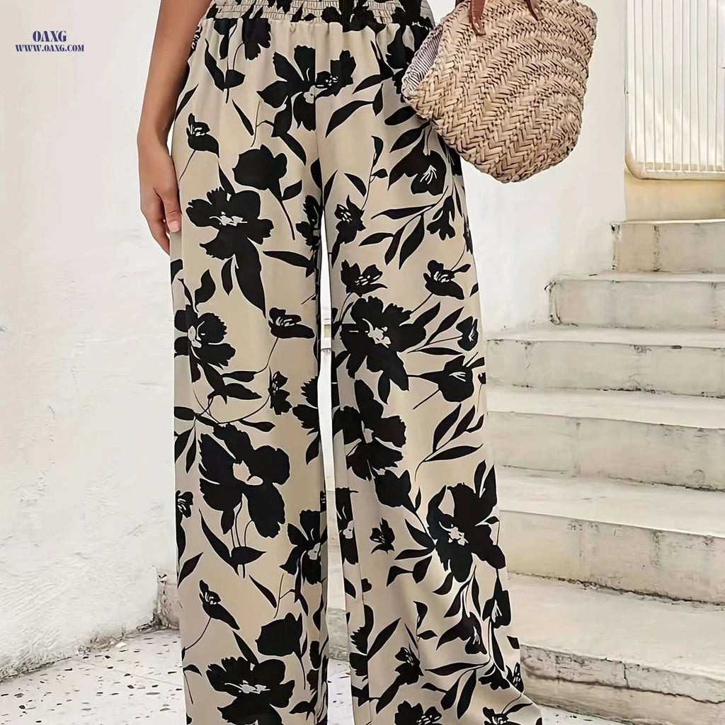 Women's Floral Print Wide-Leg Pants - High-Rise, Casual Style   OAXG Apricot / S