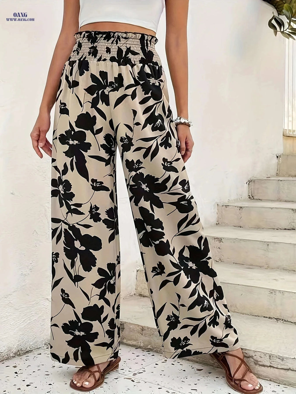 Women's Floral Print Wide-Leg Pants - High-Rise, Casual Style   OAXG 