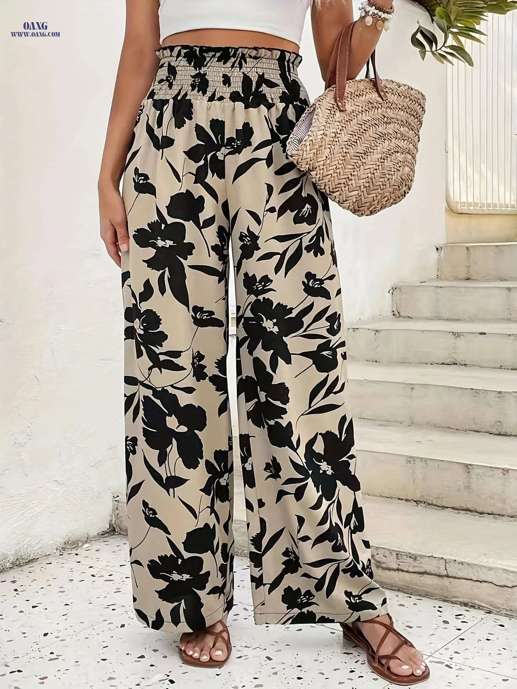 Women's Floral Print Wide-Leg Pants - High-Rise, Casual Style   OAXG 