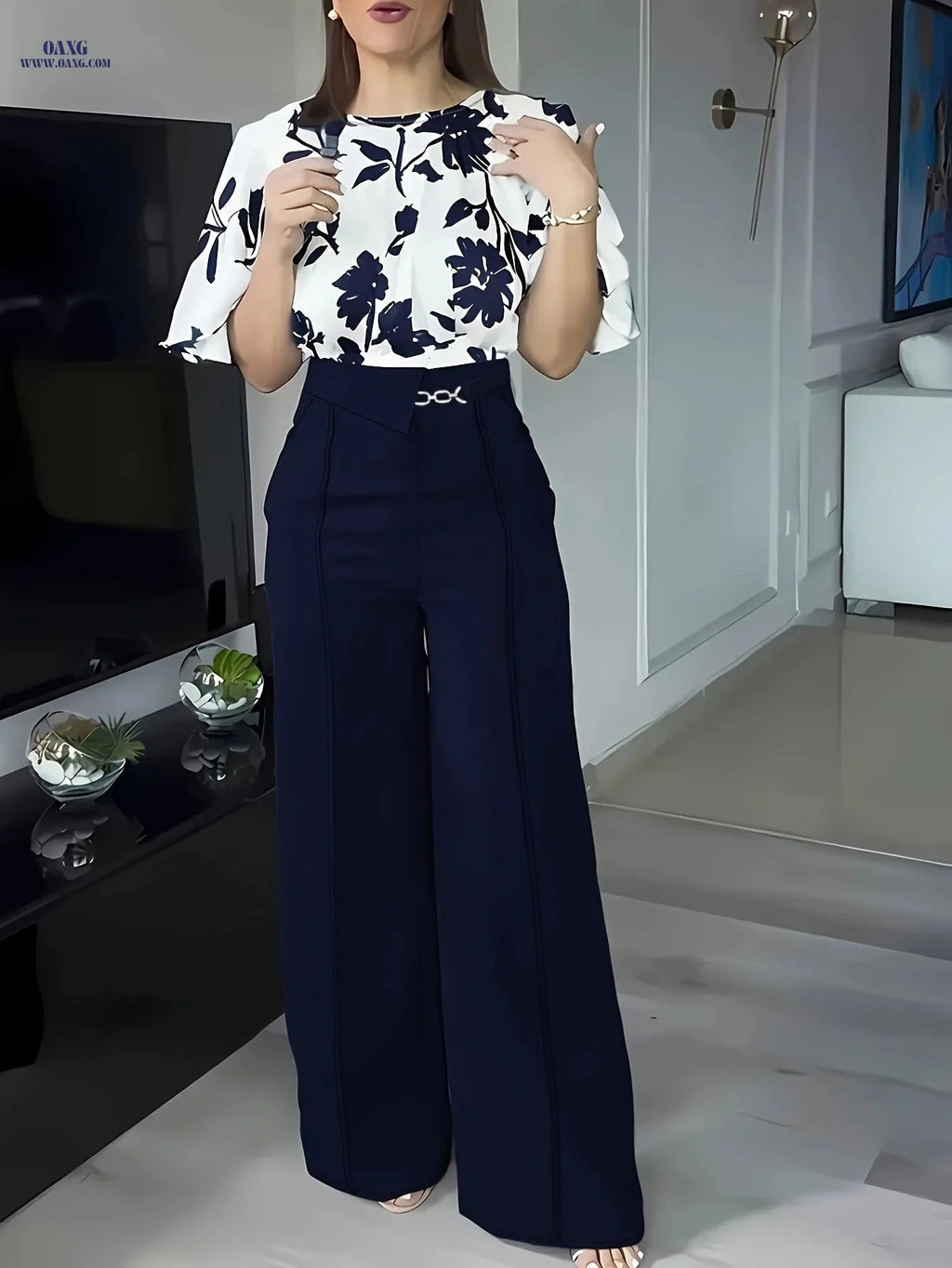 Women's Floral Printed Elegant Commuter Shirt Set - Spring/Summer   OAXG Black / S