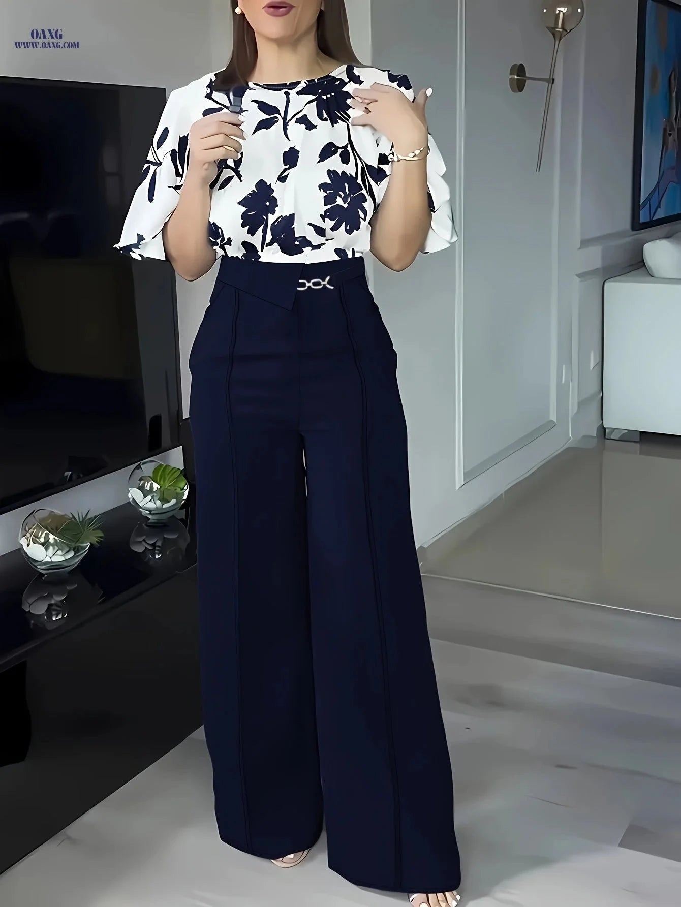 Women's Floral Printed Elegant Commuter Shirt Set - Spring/Summer   OAXG Black / S