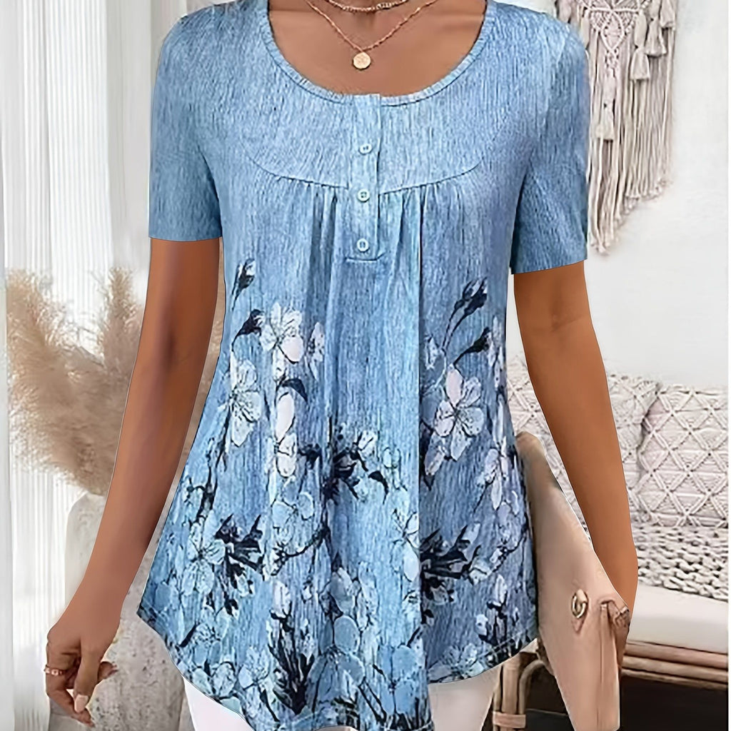 Women's Floral Ruffle Trim Button-Up Waist-Cinching Short Sleeve Round Neck Light Blue Top for Daily, Vacation, and Casual Wear   OAXG Light Blue / S
