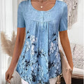 Women's Floral Ruffle Trim Button-Up Waist-Cinching Short Sleeve Round Neck Light Blue Top for Daily, Vacation, and Casual Wear   OAXG Light Blue / S
