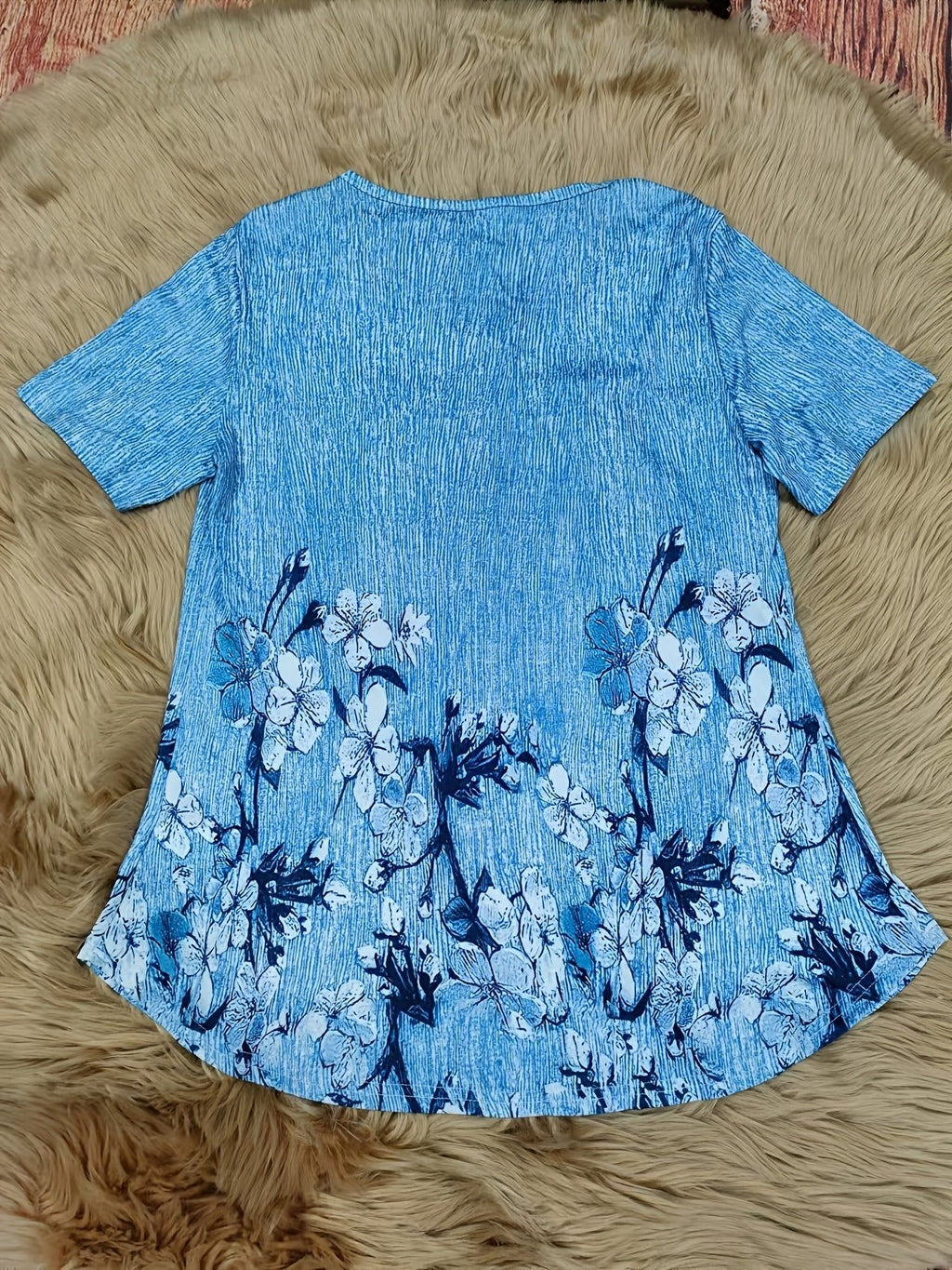 Women's Floral Ruffle Trim Button-Up Waist-Cinching Short Sleeve Round Neck Light Blue Top for Daily, Vacation, and Casual Wear   OAXG Light Blue / S