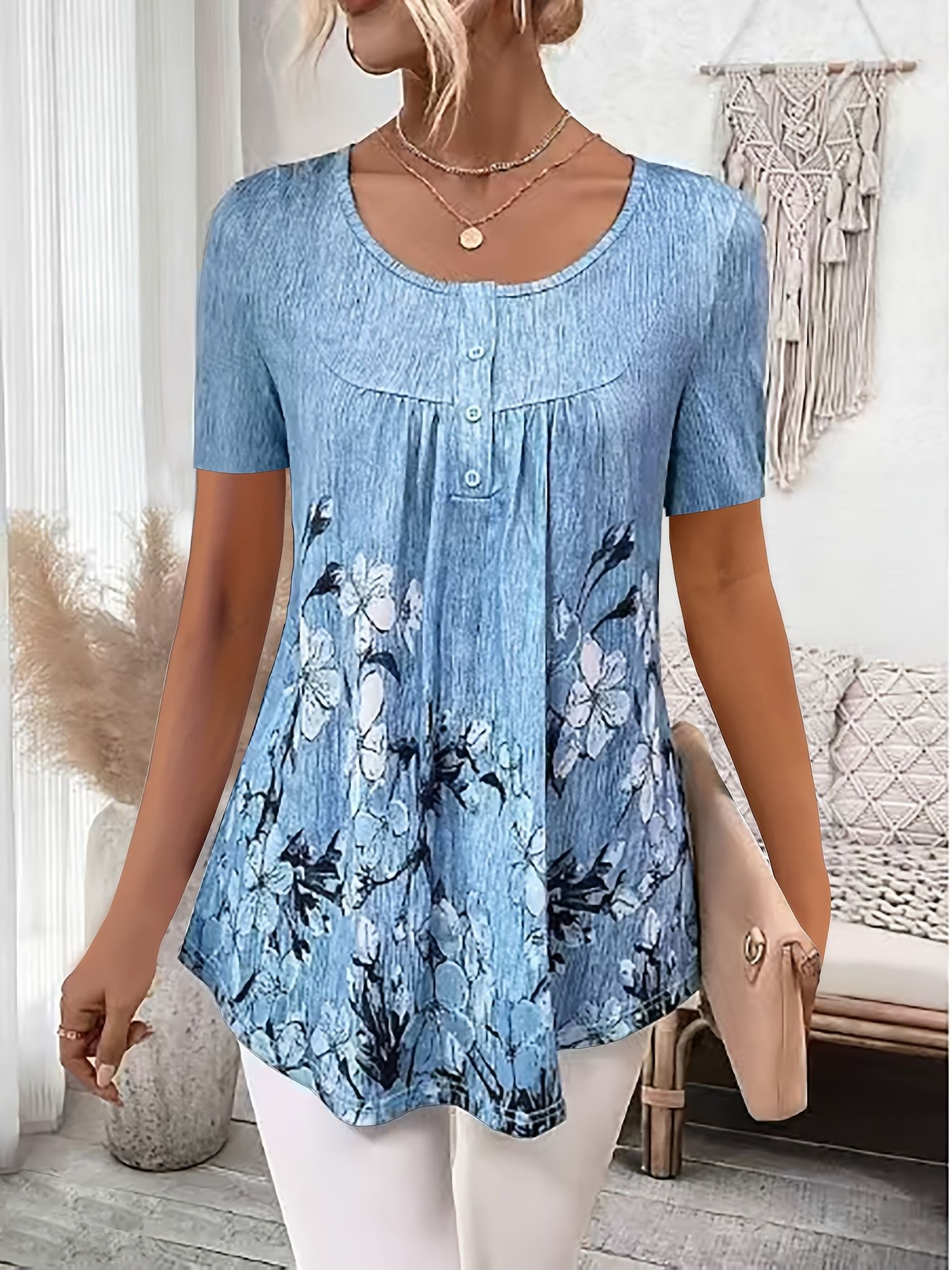 Women's Floral Ruffle Trim Button-Up Waist-Cinching Short Sleeve Round Neck Light Blue Top for Daily, Vacation, and Casual Wear   OAXG Light Blue / S