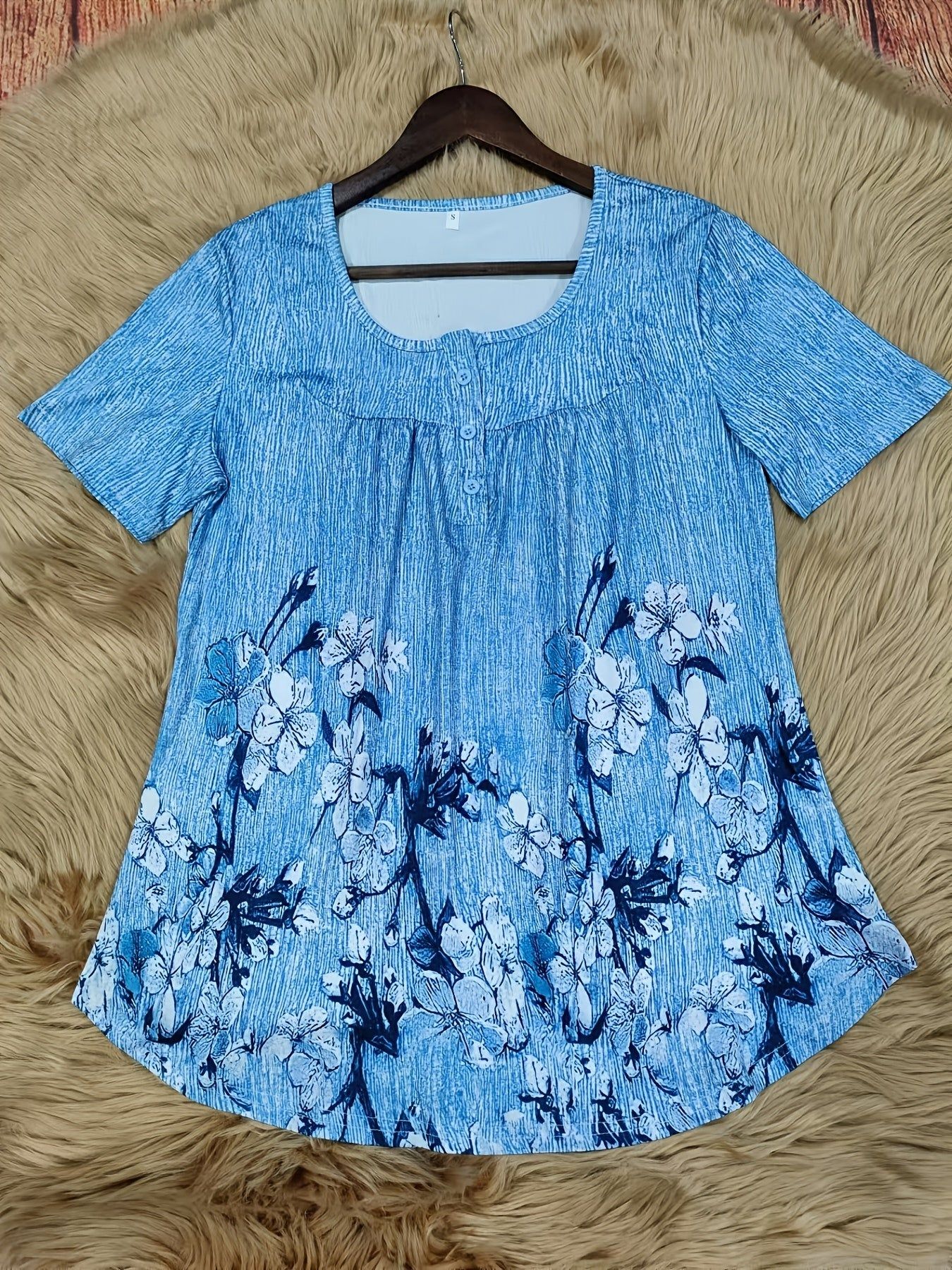 Women's Floral Ruffle Trim Button-Up Waist-Cinching Short Sleeve Round Neck Light Blue Top for Daily, Vacation, and Casual Wear   OAXG Light Blue / S