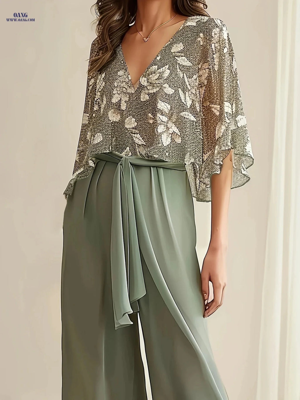 Women's Floral Shirt and Pants Set - Vacation Style, Semi-Sheer   OAXG 