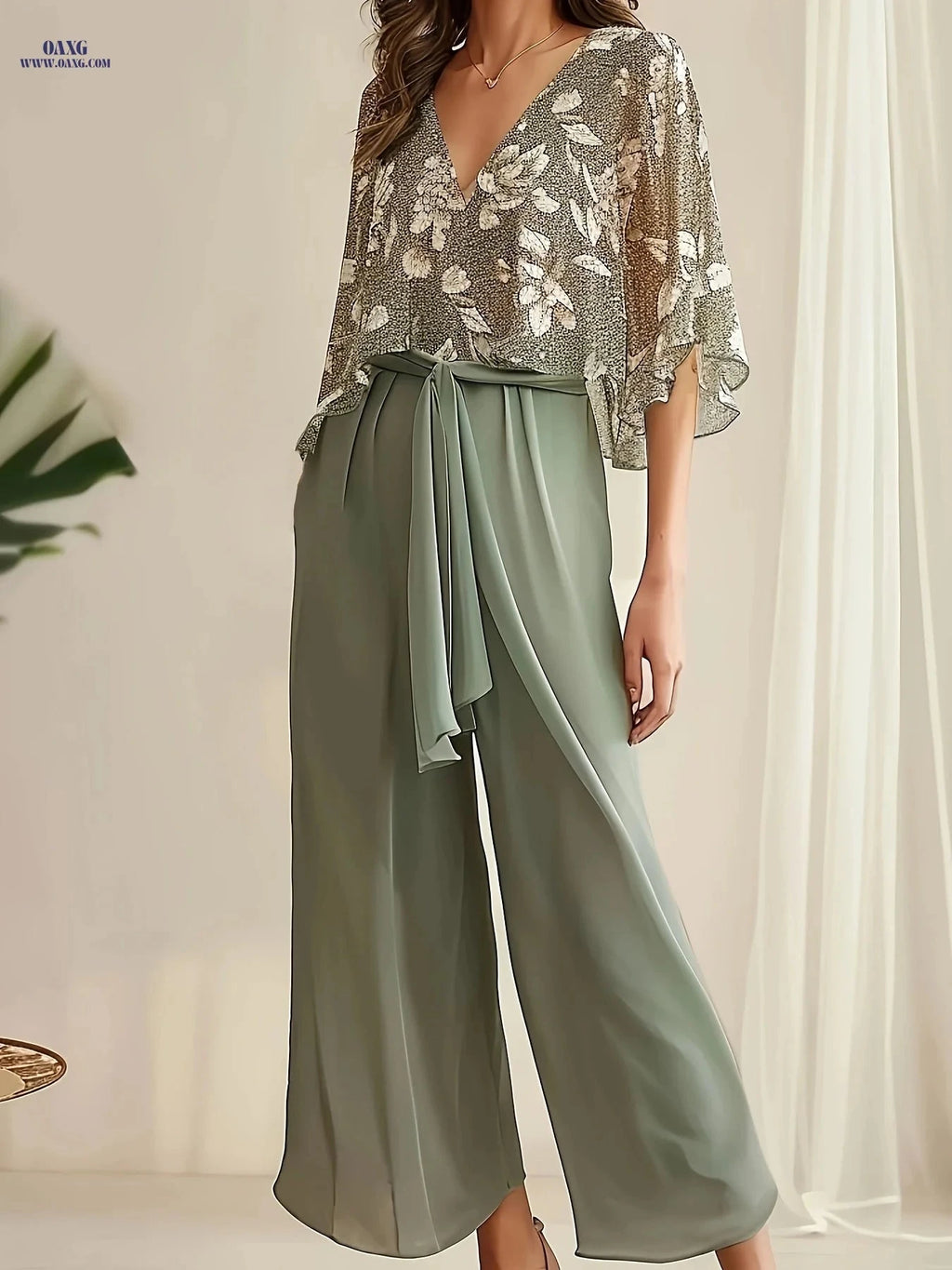 Women's Floral Shirt and Pants Set - Vacation Style, Semi-Sheer   OAXG Mixed colors / XS